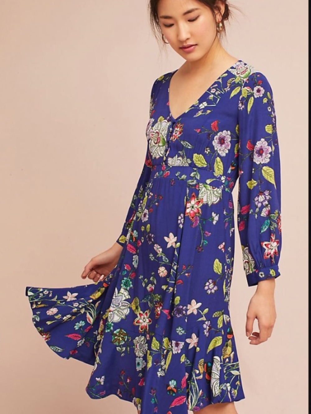 Maeve Anthropologie maplewood dress Blue Floral Long Sleeve V-Neck Mini Boho